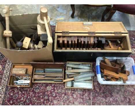 Quantity of antique and vintage tools, including a box of wooden planes, ratchets, clamps, whetstones, etc