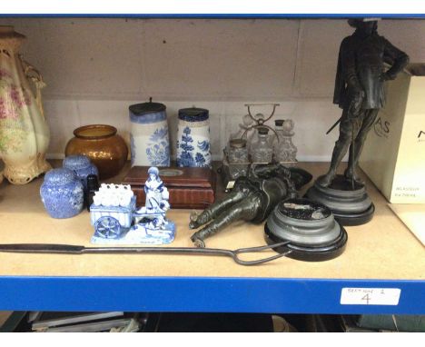 Pair of spelter figures, cermics, toasting fork etc