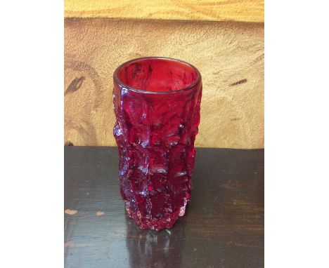 Whitefriars ruby glass bark vase, designed by Geoffrey BaxterCondition report: Approximately 16cm high. Water marks on inside