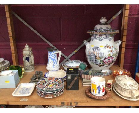 Cleopatra urn with lid and bowl, commerative Royal mugs, German stein, sundry china, brass letterbox, Brownie camera and pain