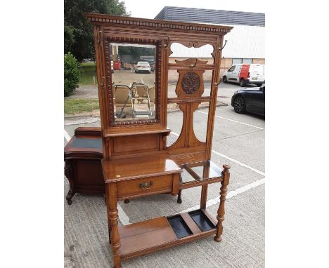 Edwardian carved light oak hall stand, 119cm wide, 41cm deep, 198cm highCondition report: Very good condition. Mirror is slig