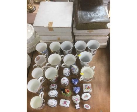 Group of commemorative plates by Royal Worcester and others (9), commemorate mugs, porcelain boxes, and a leather box book