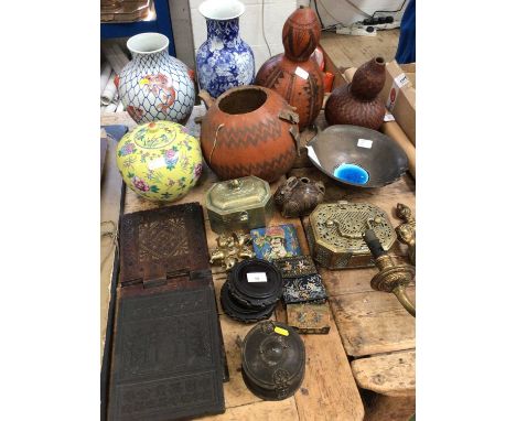 Quantity of Eastern items, including Chinese porcelain, three carved gourds, Persian tile and snuff boxes, Chinese tea brick,