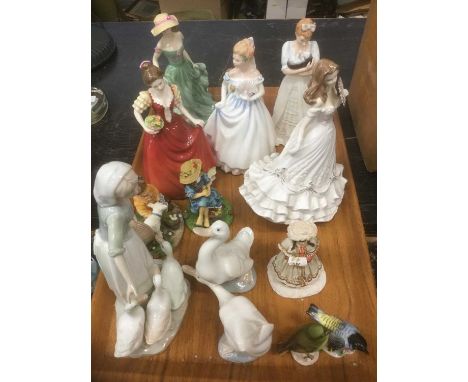 Figurines by Royal Worcester, Royal Doulton, Nao etc, presented on hardwood trayCondition report: All in good condition 