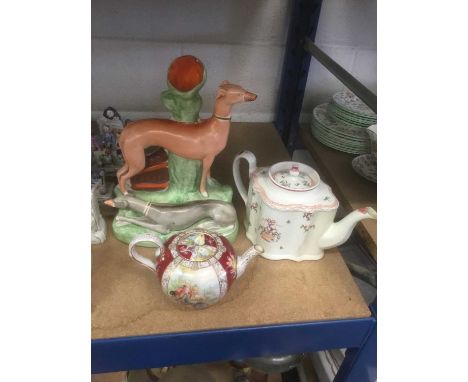 Meissen porcelain teapot (cancelled mark so a 'second'), Newhall teapot, Staffordshire greyhound