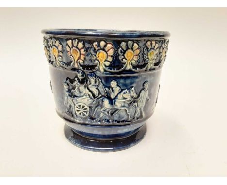 Castle Hedingham Edward Bingham blue glazed pottery vase/jardinière decorated with horse and cart, figures and a floral band,