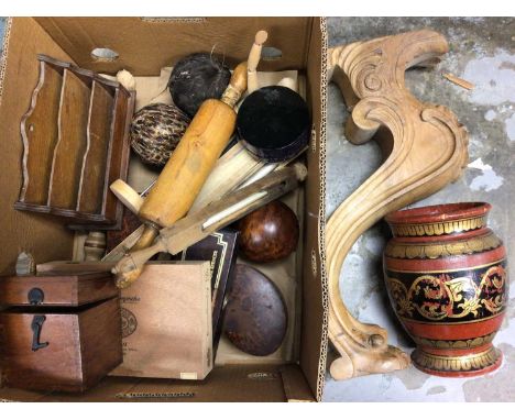 Two boxes of treen and sundries to include carpet bowls (2 boxes)