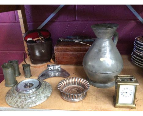 Pewter 1 Gallon ever plus three other measures, crocodile Gladstone bag, barometer with stone surround, binoculars, silver gh