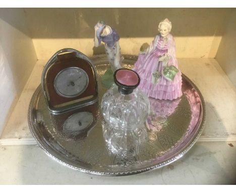 Silver plated circular tray, novelty barometer with stirrup suspension, two Doulton figuresCondition report: Doulton figures 