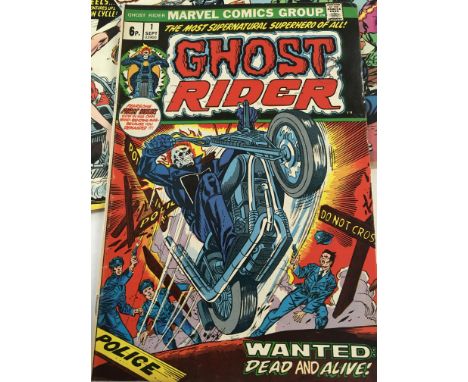 A rare 1973 first edition Marvel Ghost rider comic and eight other editions. Good condition. (9)