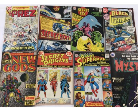 A collection of DC comics including first issues. Secret Origins Secret Six Prez The New Gods A Giant Superman annual Black L