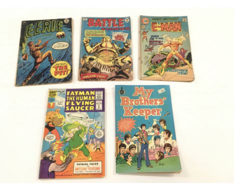 5 vintage comics including ; Fat man the human flying saucer number 2 Eerie tales number 2 Battle stories number 17 My brothe