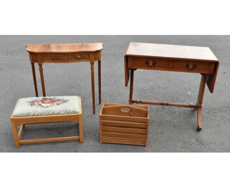 A reproduction sofa table, a demi-lune serpentine table, a stool and an oak magazine rack.