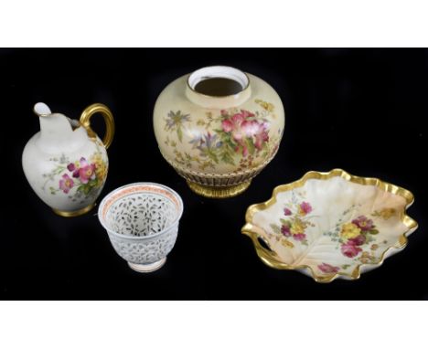 ROYAL WORCESTER; three pieces of blush ivory including a flatback jug with floral decoration, a potpourri vase (lacking cover