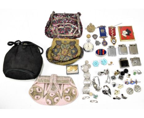 A mixed lot of assorted collectors' items including various lighters, including a Polo example, various evening bags, a sterl