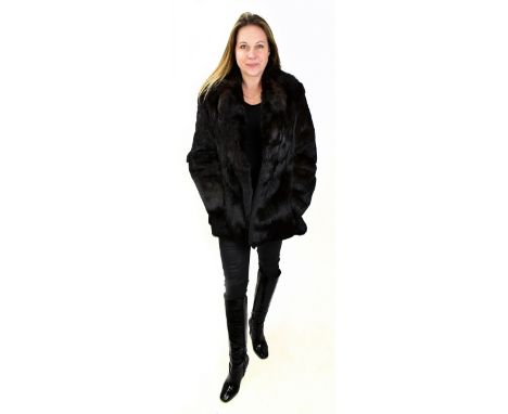A short length vintage French rabbit fur dark brown jacket, lined with dark brown satin with front hook fasteners, size 22, c