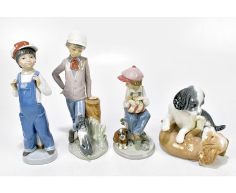 LLADRO; two ceramic figures including a boy seated beside a puppy, height 17cm, together with two Nao figures (4).Additional 