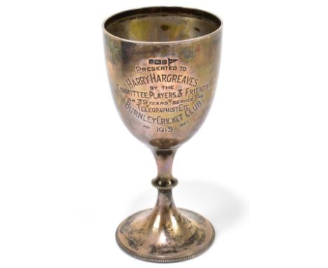 WALKER &amp; HALL; a George V hallmarked silver goblet, with presentation inscription for Burnley Cricket Club, League Champi