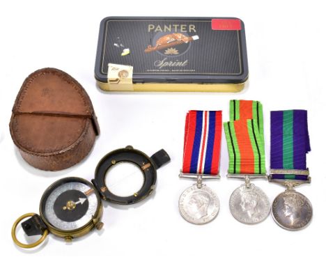 A WWI Palestine Medal awarded to Spr W.G. Thompson RA, together with two WWII medals and a Verners pattern compass in pouch (
