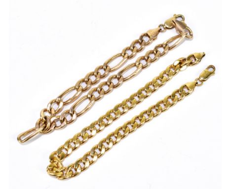 Two yellow metal curb link bracelets, each stamped 9K, largest example 21cm, approx weight 11.6g (2).Additional InformationAs
