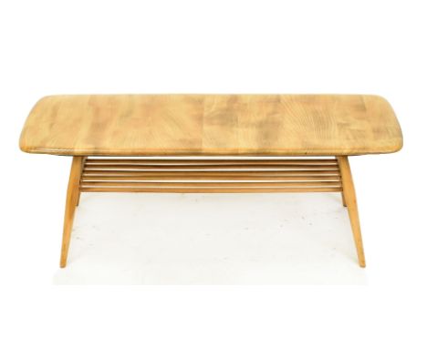 ERCOL; an elm rectangular coffee table, with under-tier spindles, width 102, depth 43cm, height 36cm, originally dark elm.