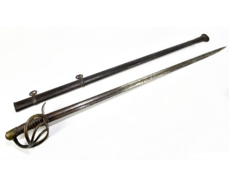 A 19th century French Dragoon sword, with 95cm blade and pierced brass hilt, with scabbard.Additional InformationThe blade is