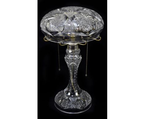 An early 20th century cut glass mushroom lamp and shade, with domed top and hobnail cut decoration, height 52cm.Additional In