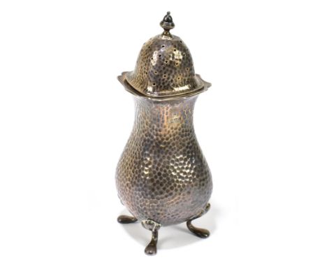 LEVESLEY BROS; a Edward VII hallmarked silver sugar caster of baluster form, with planished decoration, Sheffield 1902, appro