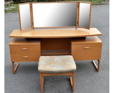 G-PLAN; a teak triple mirror dressing table, length 152cm, depth 46cm, height 70cm, with matching stool (2).Additional Inform