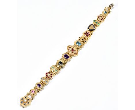 A 14ct yellow gold and multi gem set bracelet of unusual form, length 18.5cm, approx 45.8g.Additional InformationEvery piece 