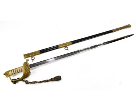 WILKINSON SWORD; a naval officer's dress sword and scabbard, inscribed 'D.H. Burgess', to hilt, overall length 97cm.