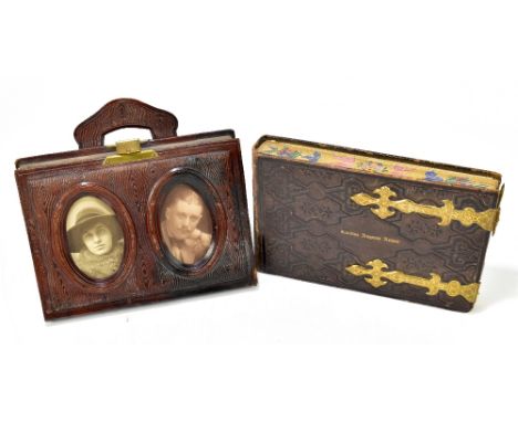 A late Victorian photograph album of rectangular form with brass Gothic style hinges, inscribed 'Caroline Augusta Nelson' to 