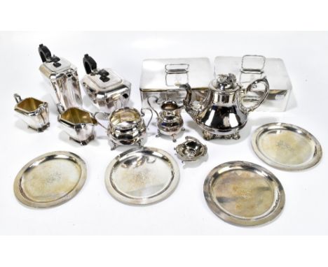 A collection of assorted silver plate including an Art Deco tea service, a pair of sandwich boxes by Thornhill of London with