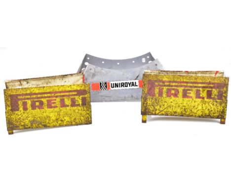 PIRELLI; two vintage advertising metal tyre stands and a similar Uniroyal example (3).