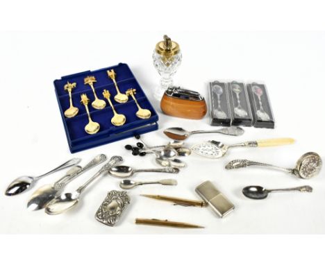 A miscellany of silver and white metal items to include 'The Howitt' engine turned hallmarked silver cigarette lighter, Sheff