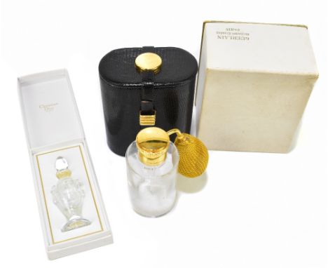 GUERLAIN BACCARAT; a vintage 1935-1960 black leather travel case containing of a glass perfume atomiser bottle, 10cm, marked 