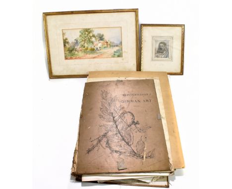 A folio of various works including engravings and prints, also a watercolour of a cottage and a sketch of Jesus.