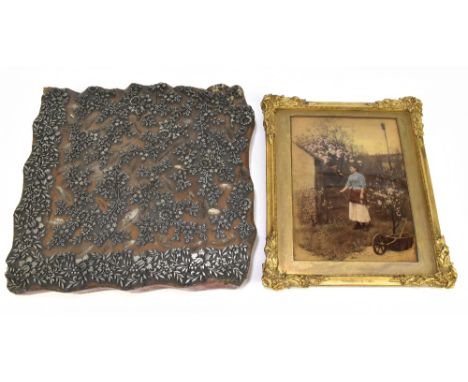 A vintage printing block with floral decoration, approx 34 x 33cm, together with a Victorian crystoleum of a gentleman and la