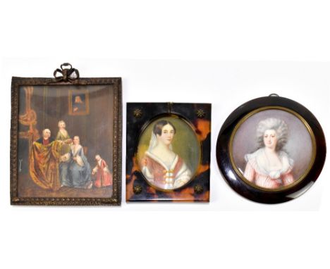 UNATTRIBUTED; circular portrait miniature in tortoiseshell frame, diameter 9cm, a rectangular example 8 x 6.5cm (framed), and