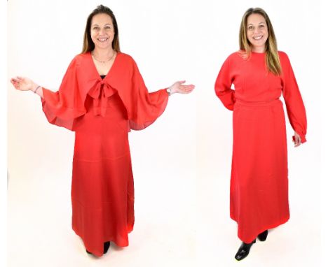 JEAN ALLEN; a vintage original 1960s red crêpe chiffon maxi dress, fully lined with red satin with a high round neck, long pu