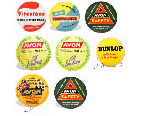 Eight vintage circular advertising card signs, for various brands including 'Avon', 'Waymaster', 'Dunlop', 'Avon - Do as the 