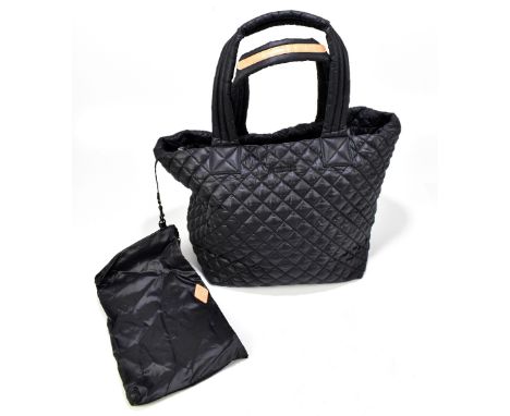 M.Z WALLIS; a large metro lightweight quilted black handbag with black thick zip top, two top handles embellished with tan le
