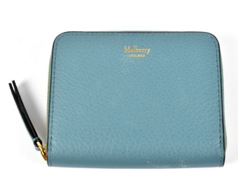 MULBERRY; a light blue pebbled calf leather zip top card case with gold tone zip and oxblood calf skin leather interior with 