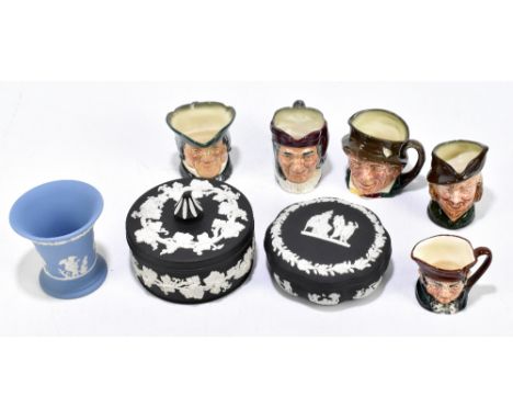 ROYAL DOULTON; five small size character jugs including Robin Hood, also three pieces of Wedgwood jasperware (8).Additional I