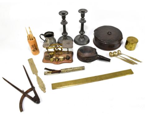 A collection of 19th century and later metalware and collectors' items to include a set of postal scales, a pair of pewter ca