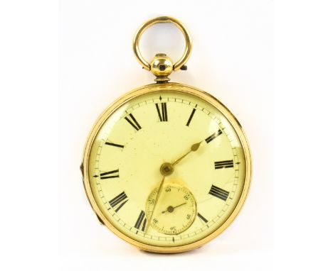 An 18ct yellow gold open faced key wind pocket watch, the white enamel dial set with Roman numerals with subsidiary seconds h