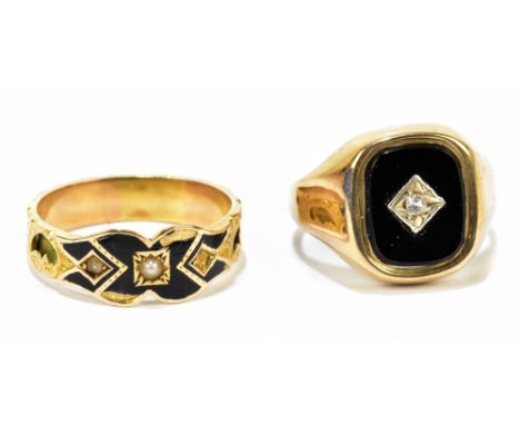 A 15ct yellow gold mourning ring with black enamel detail and seed pearl inlay, size R, approx 3.1g, also a 9ct yellow gold s