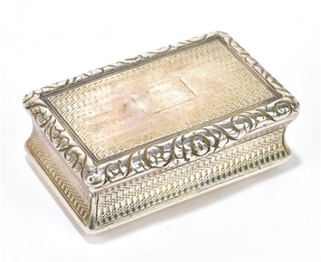 JOSEPH WALTON; a George IV hallmarked silver snuff box of rectangular form with cast decoration to the edge, engine turned de