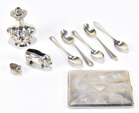 JL; a George V hallmarked silver cigarette case with engine turned decoration in the form of a purse, Birmingham 1929, togeth