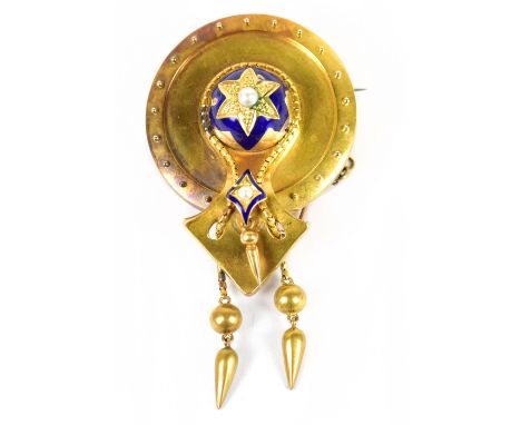 A Victorian yellow metal, blue enamel and seed pearl brooch with twin tassel drops and raised central section, length 75mm, a